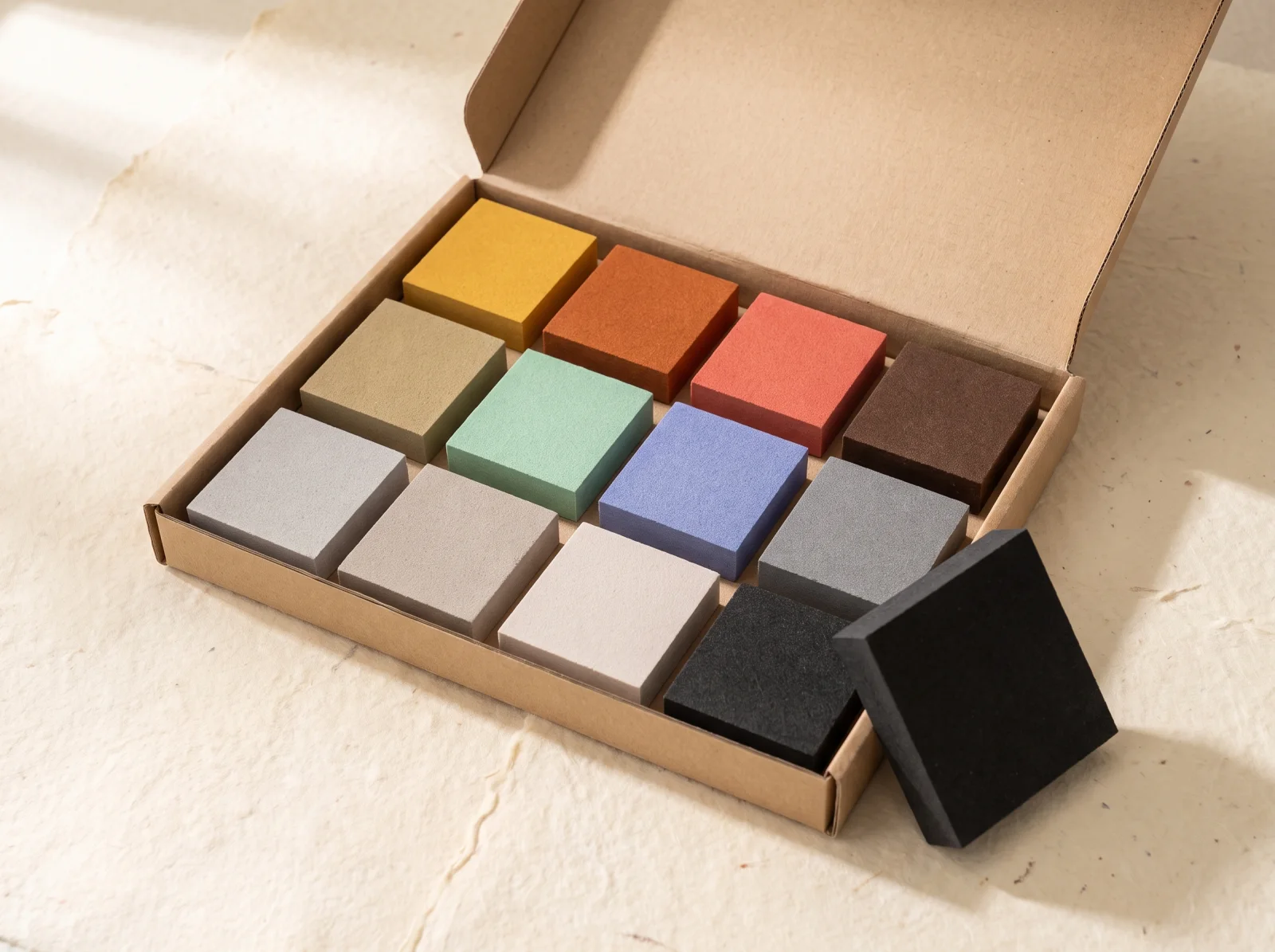 Coffret kraft ouvert contenant douze échantillons de Valchromat, un échantillon dressé montre sa tranche teintée.