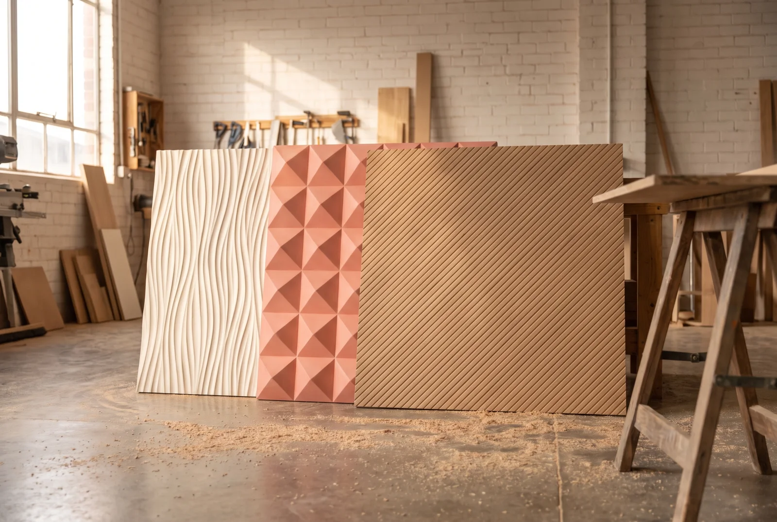 Trois panneaux muraux sculptés — blanc cassé, corail, MDF brut — appuyés contre le mur de l'atelier.